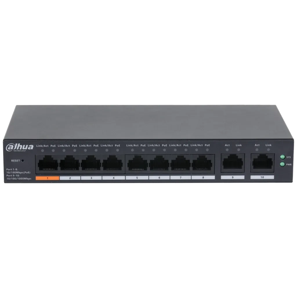 Switch Cloud de 8 puertos PoE 10/100 Mbps 2 puertos 10/100/1000 Mbps DH-CS4010-8ET-60 Dahua